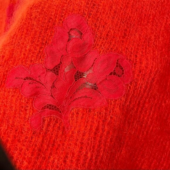 Vintage Red Italian Mohair and Wool Fuzzy Pullover Sweater With Lace Sleeves - Picture 8 of 15